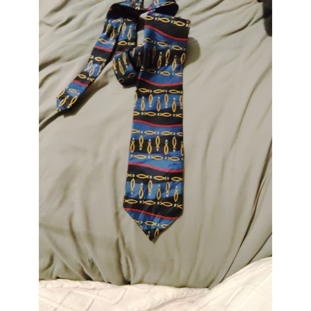 Free Man Mens Silk Tie Christian Ichthys Fish Religious Necktie Blue Gold